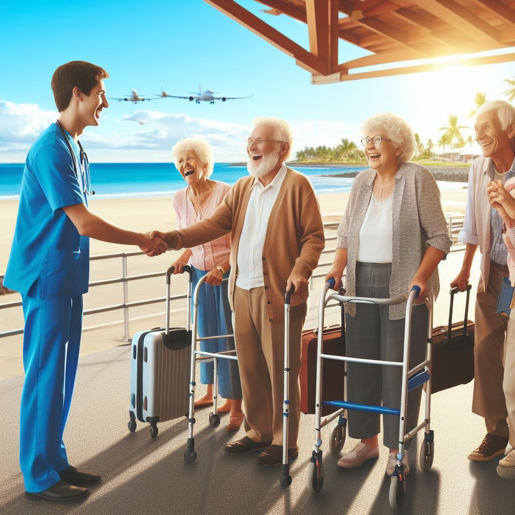 Ambulanter Pfleger begrüßt eine Gruppe Senioren mit Rollatoren am Flughafen